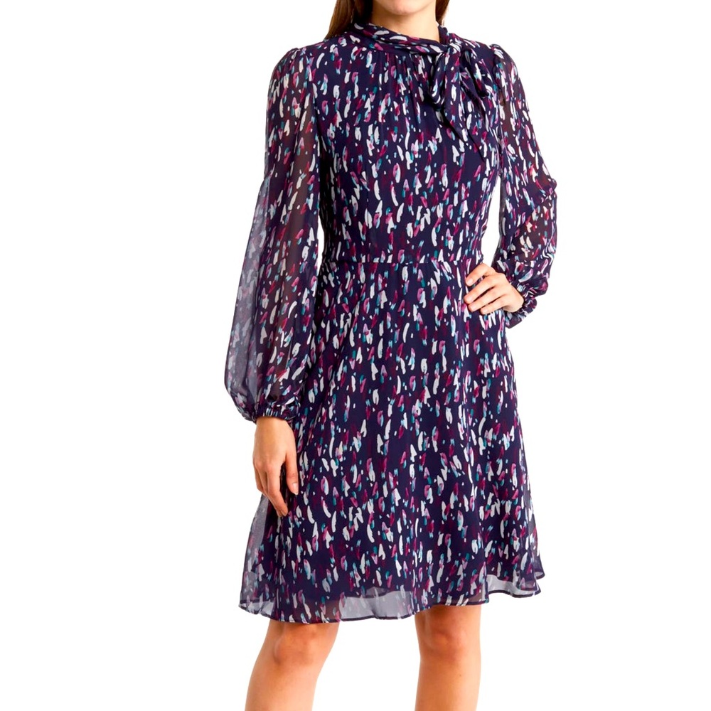 🪁Maggie London beautiful print long sheer sleeved bow neck fully lined dress 14